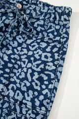 Blue Leopard Printed Drawstring Elastic Waistband Pocketed Wide Leg Jeans Jeans JT's Designer Fashion