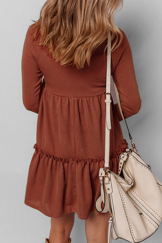 Straw Yellow Ribbed Frilled Trim High Waist Long Sleeve Mini Dress Mini Dresses JT's Designer Fashion