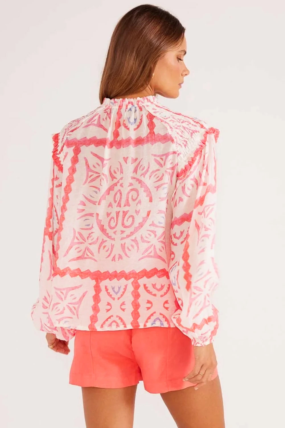 Desert Flower Vintage Print Smocked Poet Collar Billowy Blouson Sleeves Blouse Blouses & Shirts JT's Designer Fashion