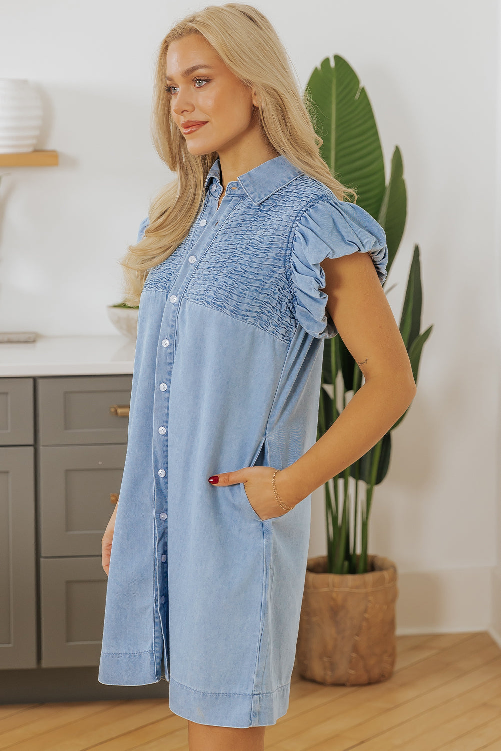 Beau Blue Flutter Sleeve Shirred Detail Button Up Denim Mini Dress Mini Dresses JT's Designer Fashion
