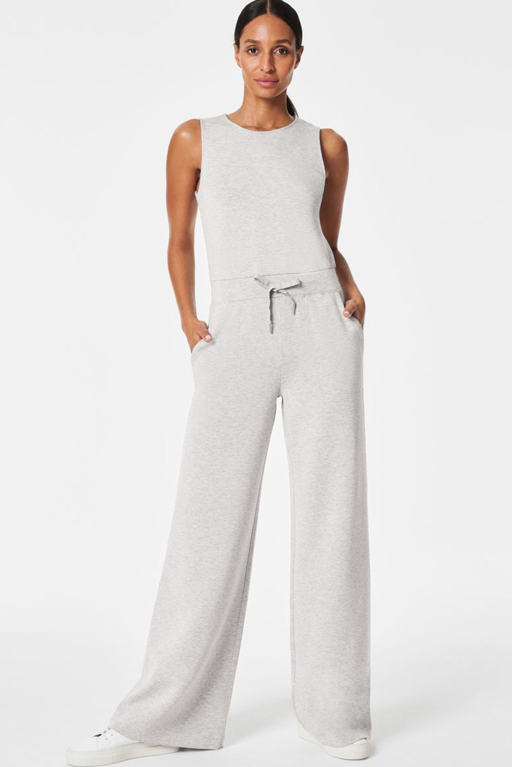 Light Grey Solid Color Crew Neck Drawstring High Waist Sleeveless Jumpsuit Jumpsuits & Rompers JT's Designer Fashion