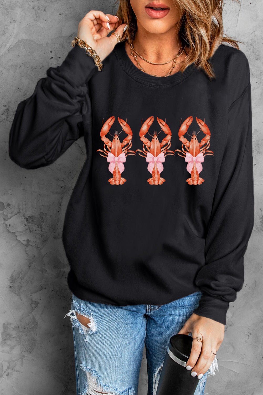 Black Cute Bow Crawfish Printed Drop Shoulder Sweatshirt Graphic Sweatshirts JT's Designer Fashion