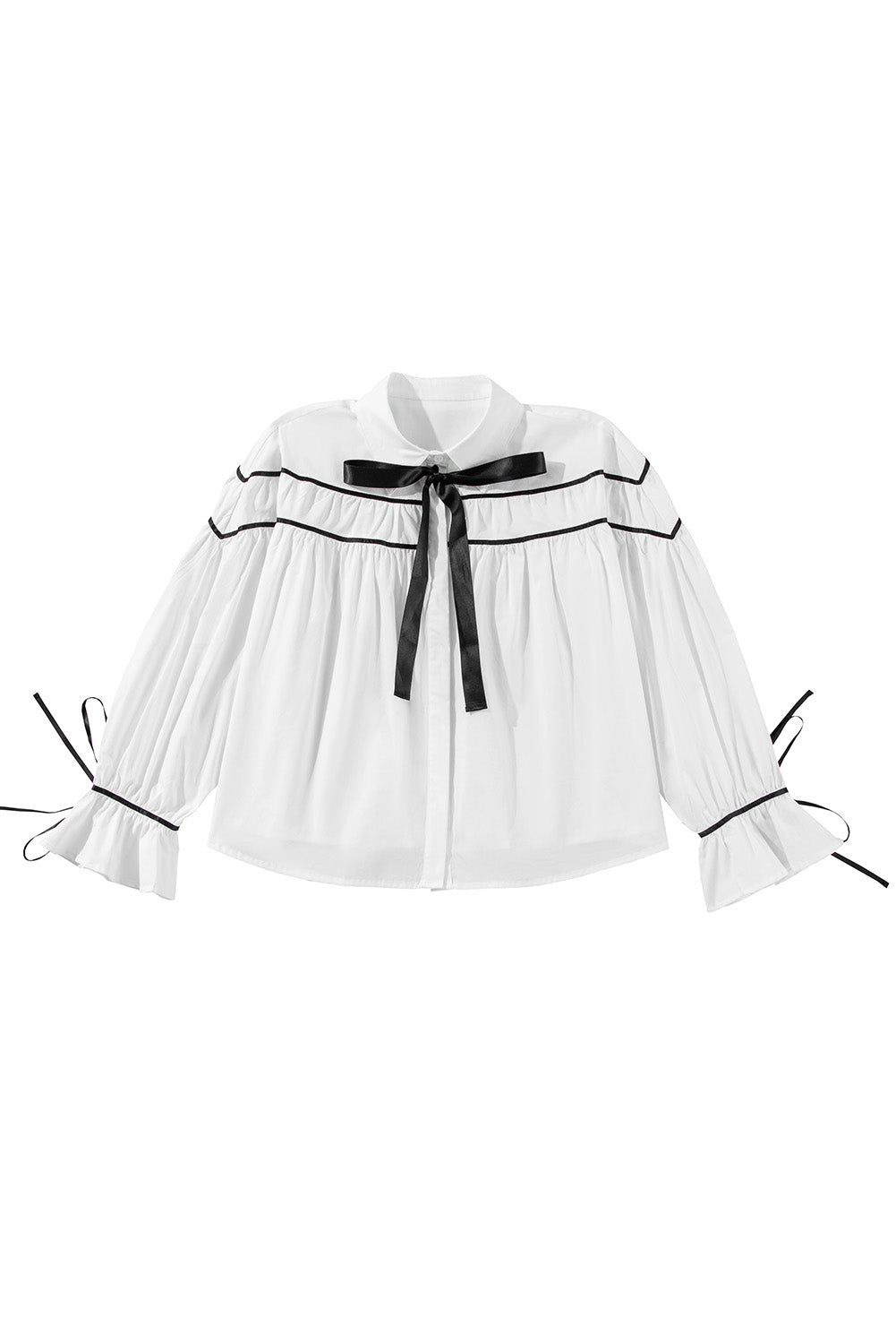 White Black Pipping Ribbon Bowtie Collared Ruffled Puff Sleeve Shirt Blouses & Shirts JT's Designer Fashion