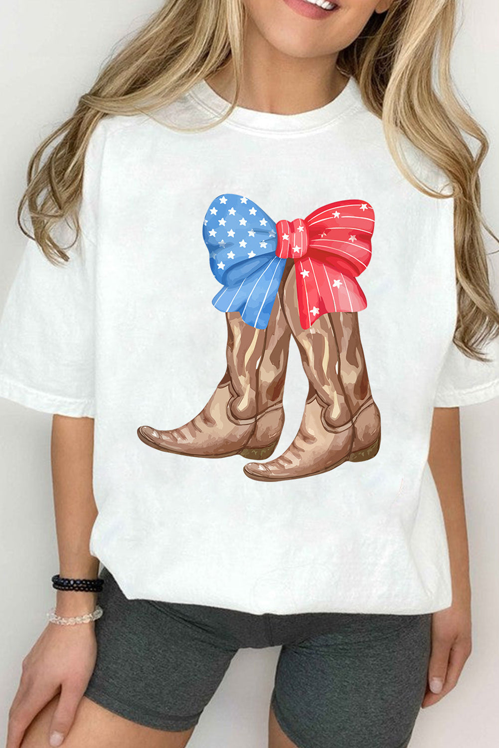 White Patriotic Bow Cowgirl Boots Printed Cotton Blend T Shirt Graphic Tees JT's Designer Fashion