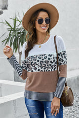 Brown Stripes Leopard Splicing Colorblock Long Sleeve Top Long Sleeve Tops JT's Designer Fashion