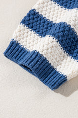Blue Stripe V Neck Pocketed Drawstring Hooded Sweater Sweaters JT's Designer Fashion