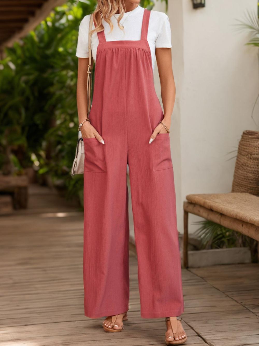 Square Neck Wide Strap Overalls Strawberry JT's Designer Fashion