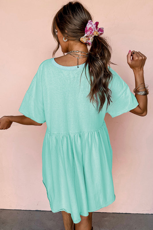 Moonlight Jade Solid Color Pocketed Raw Edge Babydoll Dress Mini Dresses JT's Designer Fashion