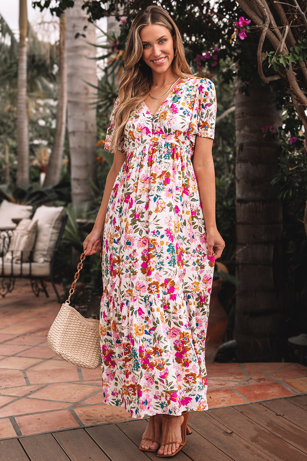 Red Floral Short Sleeve V Neck High Waist Maxi Dress Floral Dresses JT's Designer Fashion