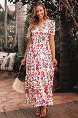 Red Floral Short Sleeve V Neck High Waist Maxi Dress Floral Dresses JT's Designer Fashion