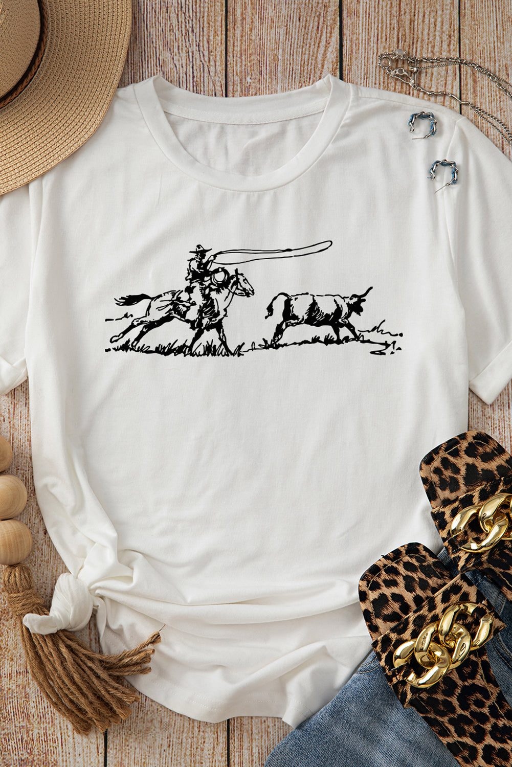White Western Rodeo Graphic Casual T Shirt Graphic Tees JT's Designer Fashion