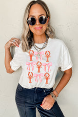White Crawfish Bow Printed Summer T Shirt Graphic Tees JT's Designer Fashion