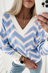 Sky Blue Zigzag Striped Print V Neck Oversized Top Long Sleeve Tops JT's Designer Fashion