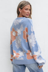 Beau Blue Floral O Neck Drop Shoulder Knitted Sweater Sweaters JT's Designer Fashion