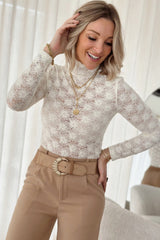 White Floral Lace High Neck Long Sleeve Top Long Sleeve Tops JT's Designer Fashion