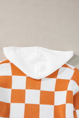 Gold Flame Checkered Split Neck Contrast Kangaroo Pocket Hooded Sweater Sweaters JT's Designer Fashion