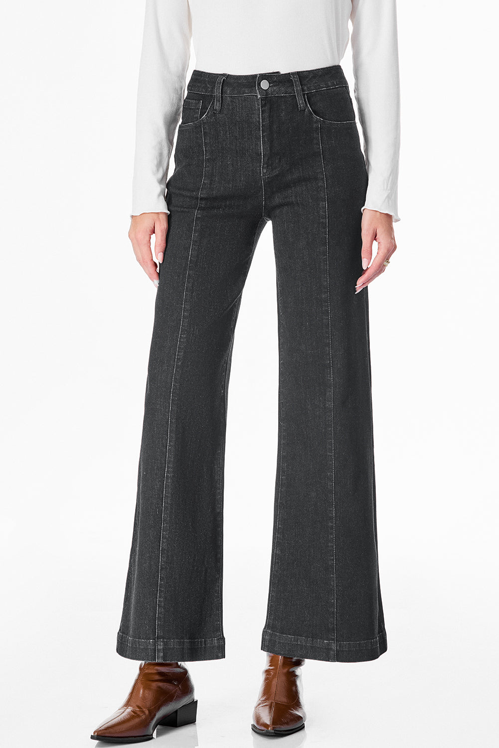 Black Plain Seam Detail Flared Bottom Ankle Length Jeans Jeans JT's Designer Fashion
