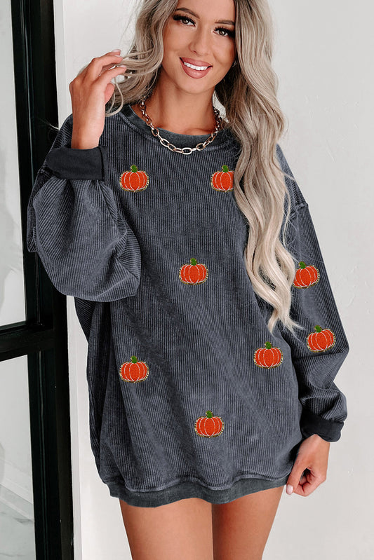 Gray Halloween Pumpkin Graphic Drop Shoulder Ribbed Sweatshirt Graphic Sweatshirts JT's Designer Fashion