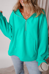Aruba Blue Fleece Lined Half Zipper Kangaroo Pockets Loose Hoodie Sweatshirts & Hoodies JT's Designer Fashion