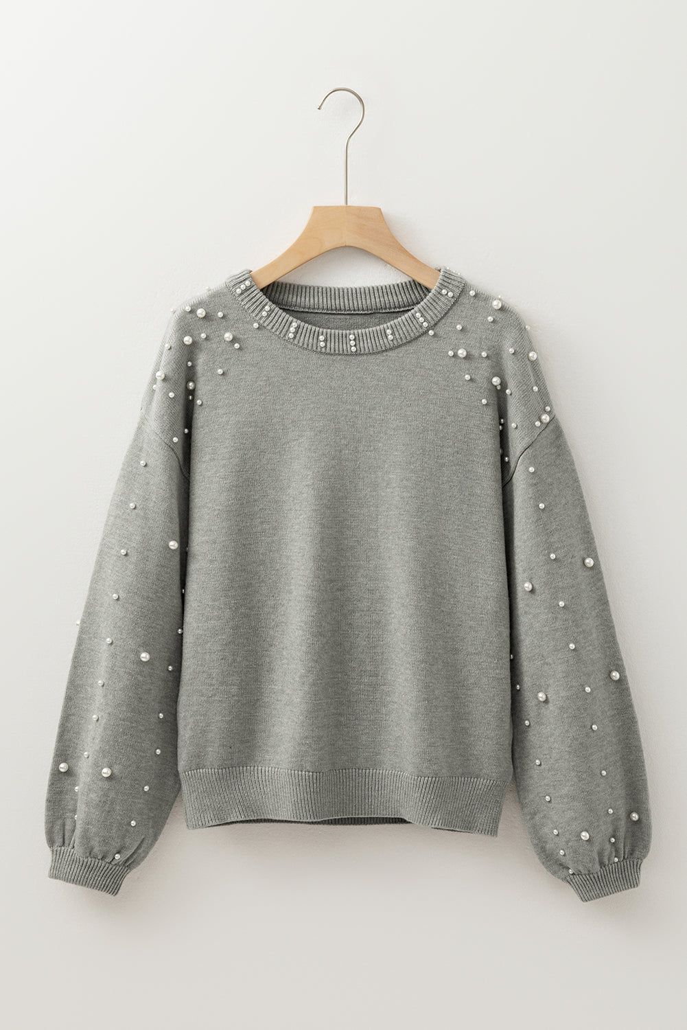 Light Grey Pearled Drop Shoulder Round Neck Sweater Sweaters JT's Designer Fashion