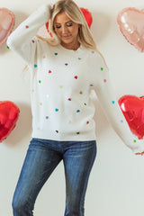 Beige Sequin Heart Shape Waffle Knit Round Neck Sweater Sweaters JT's Designer Fashion