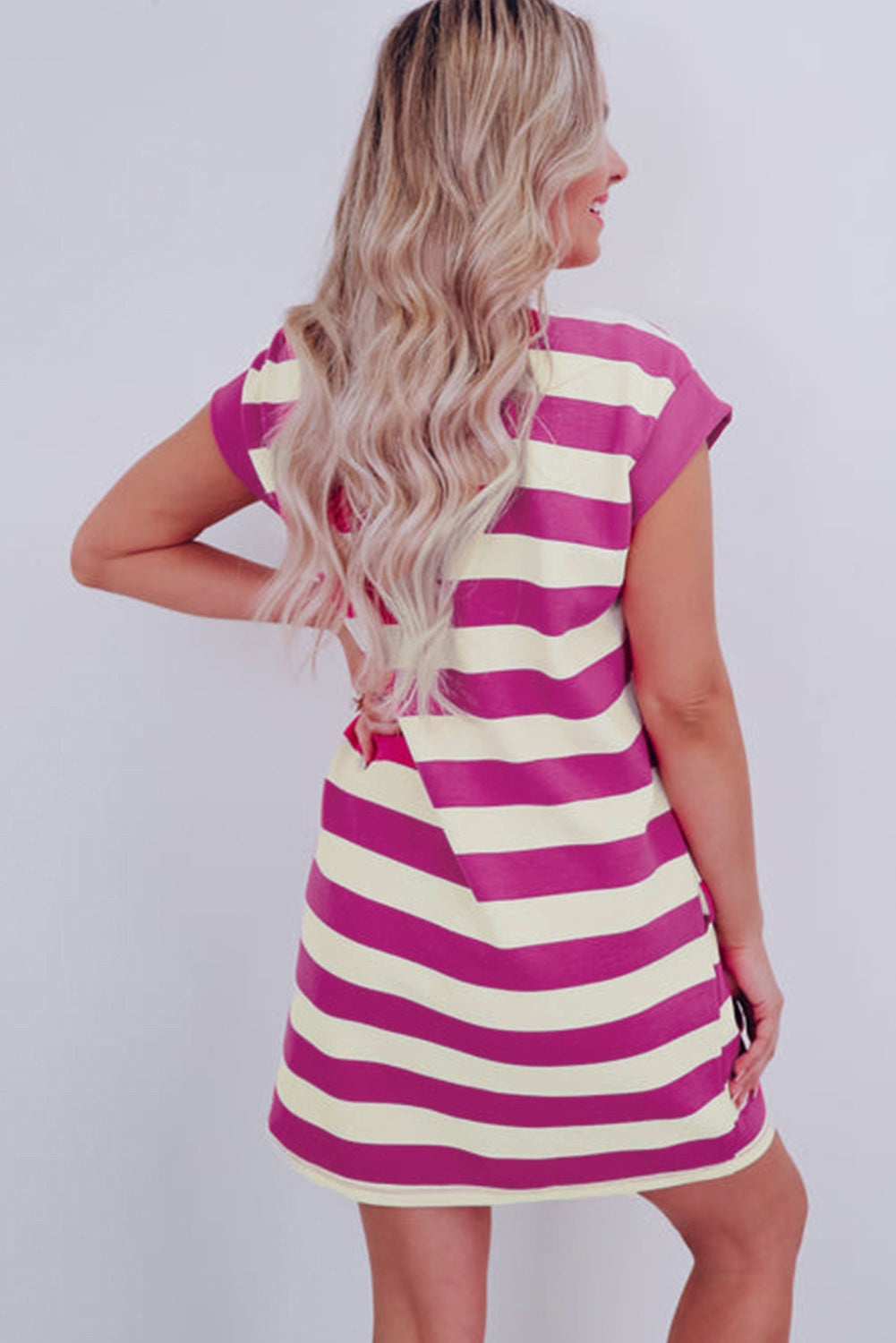 Rose Stripe Cap Sleeve Pocketed Shift T-shirt Dress T Shirt Dresses JT's Designer Fashion