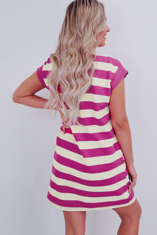 Rose Stripe Cap Sleeve Pocketed Shift T-shirt Dress T Shirt Dresses JT's Designer Fashion