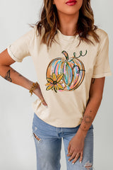 Khaki Pumpkin with Flower Graphic T Shirt Graphic Tees JT's Designer Fashion
