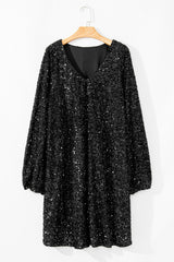 Color black Plus Size Bubble Sleeve V Neck Sequin Dress Plus Size Mini Dresses JT's Designer Fashion