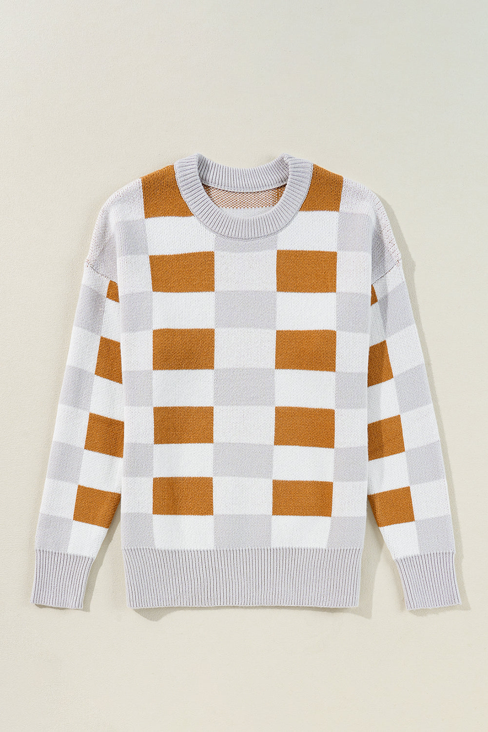 Khaki Checkered Ribbed Edge O Neck Drop Shoulder Sweater Sweaters JT's Designer Fashion