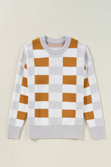 Khaki Checkered Ribbed Edge O Neck Drop Shoulder Sweater Sweaters JT's Designer Fashion