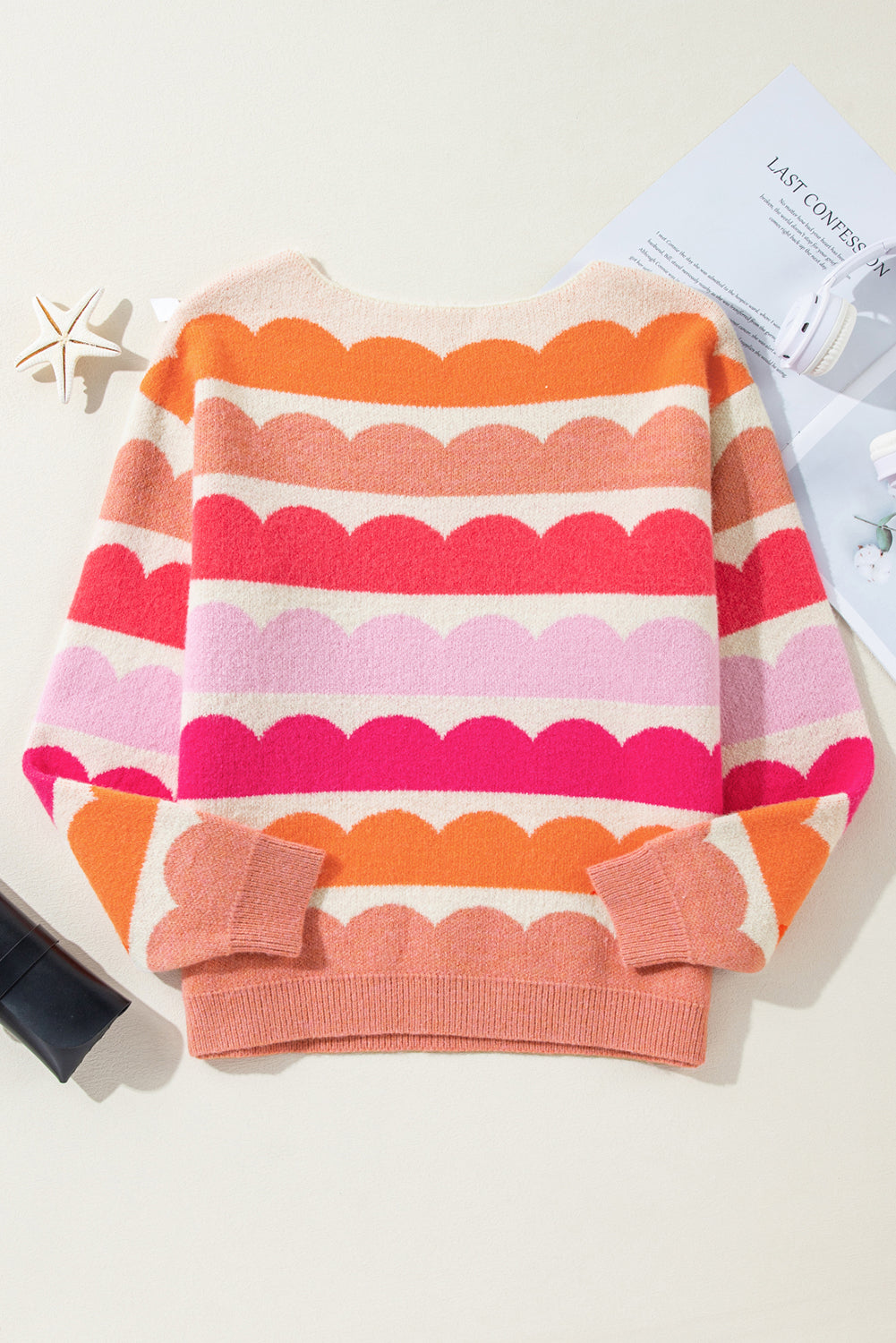 Rose Red Wave Striped Balloon Sleeve Drop Shoulder Sweater Sweaters JT's Designer Fashion