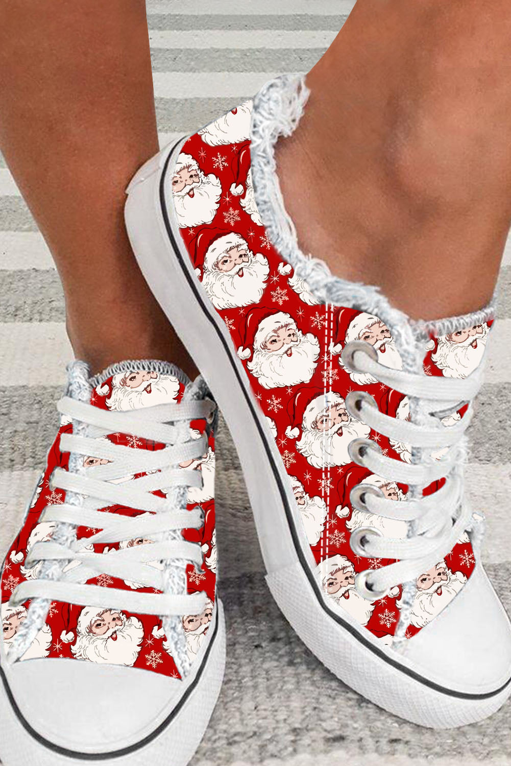 Red Santa Claus Snowflake Print Flat Canvas Shoes Red Yarn: 82%polyester+18%Polyamide Bottom: 100%rubber Women's Shoes JT's Designer Fashion