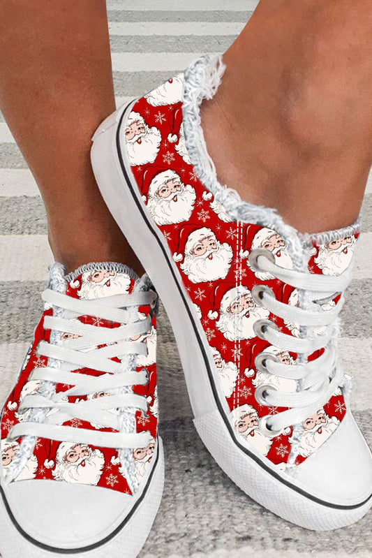 Red Santa Claus Snowflake Print Flat Canvas Shoes Red Yarn: 82%polyester+18%Polyamide Bottom: 100%rubber Women's Shoes JT's Designer Fashion