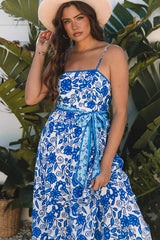 Blue Floral Printed Spaghetti Strap Maxi Dress with Waist Tie Floral Dresses JT's Designer Fashion