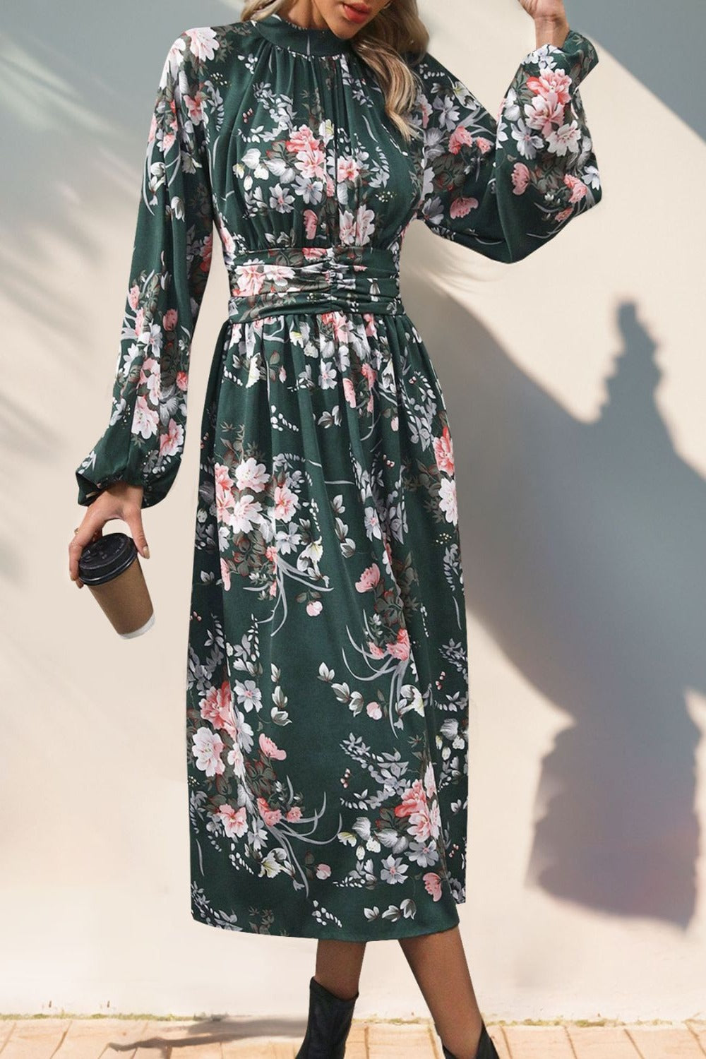 Ruched Printed Mock Neck Long Sleeve Midi Dress Black Forest Midi Dresses JT's Designer Fashion