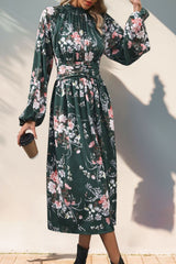 Ruched Printed Mock Neck Long Sleeve Midi Dress Black Forest Midi Dresses JT's Designer Fashion