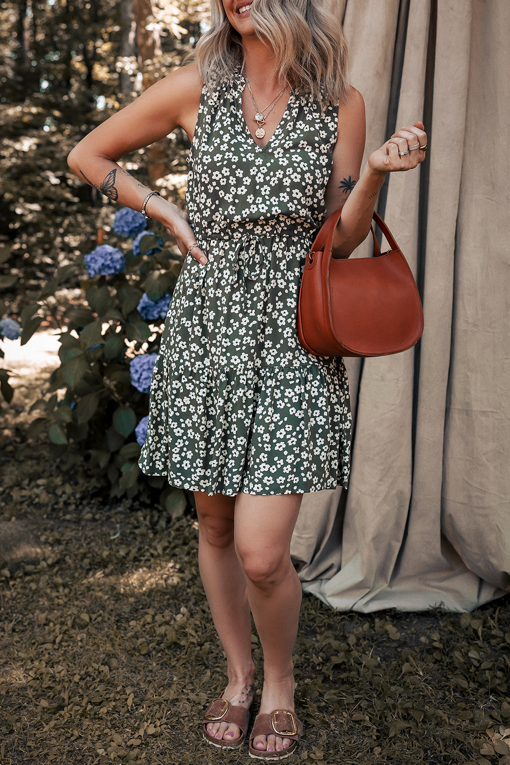 Green Boho Floral Print V Neck Tunic Sleeveless Dress Floral Dresses JT's Designer Fashion