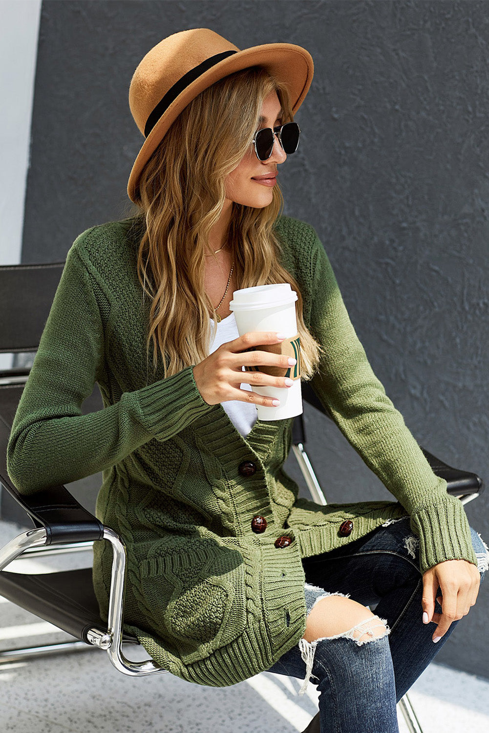 Green Front Pocket and Buttons Closure Cardigan Sweaters & Cardigans JT's Designer Fashion