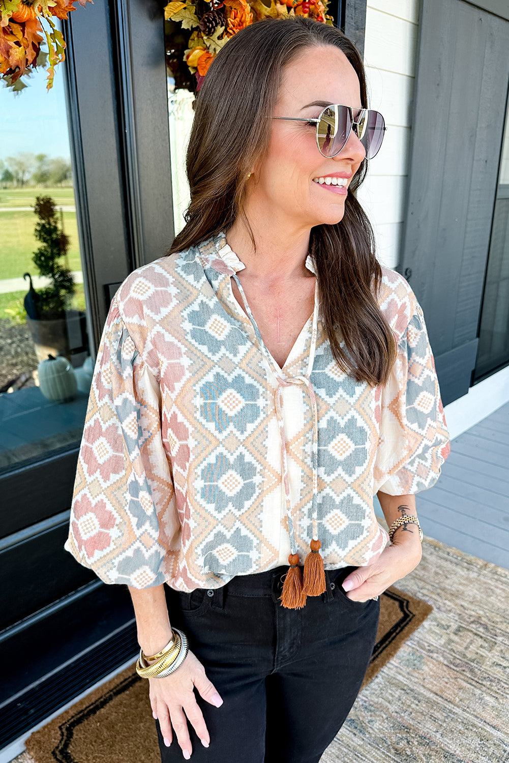 Khaki Geometric Print Tassel Tie Split Neck Balloon Sleeve Blouse Blouses & Shirts JT's Designer Fashion