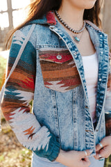 Multicolor Aztec Print Frayed Hem Denim Jacket Denim Jackets JT's Designer Fashion