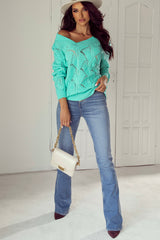 Mint Green Hollow Out Knit V Neck Drop Shoulder Sweater Sweaters JT's Designer Fashion