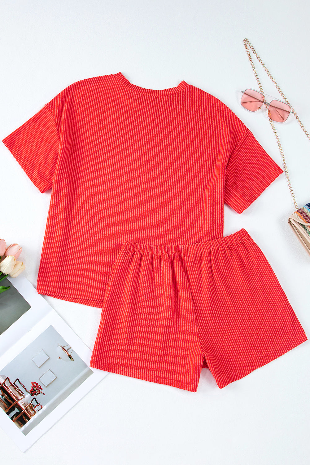 Ribbed Textured Knit Loose Fit Tee and Shorts Set Short Sets JT's Designer Fashion