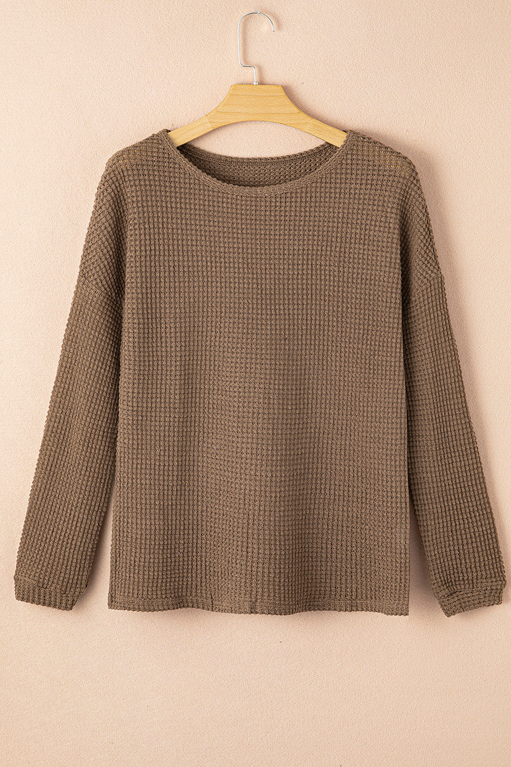 Dark Brown Waffle Knit Drop Shoulder Long Sleeve Top Long Sleeve Tops JT's Designer Fashion