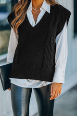 Black V-Neck Twist Knitted Vest Sweater Sweaters & Cardigans JT's Designer Fashion