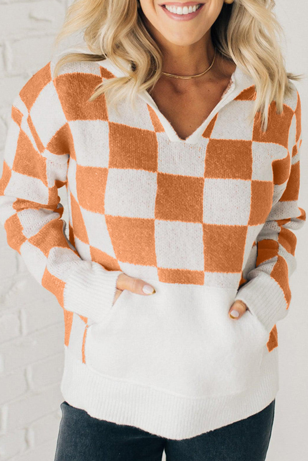 Gold Flame Checkered Split Neck Contrast Kangaroo Pocket Hooded Sweater Sweaters JT's Designer Fashion
