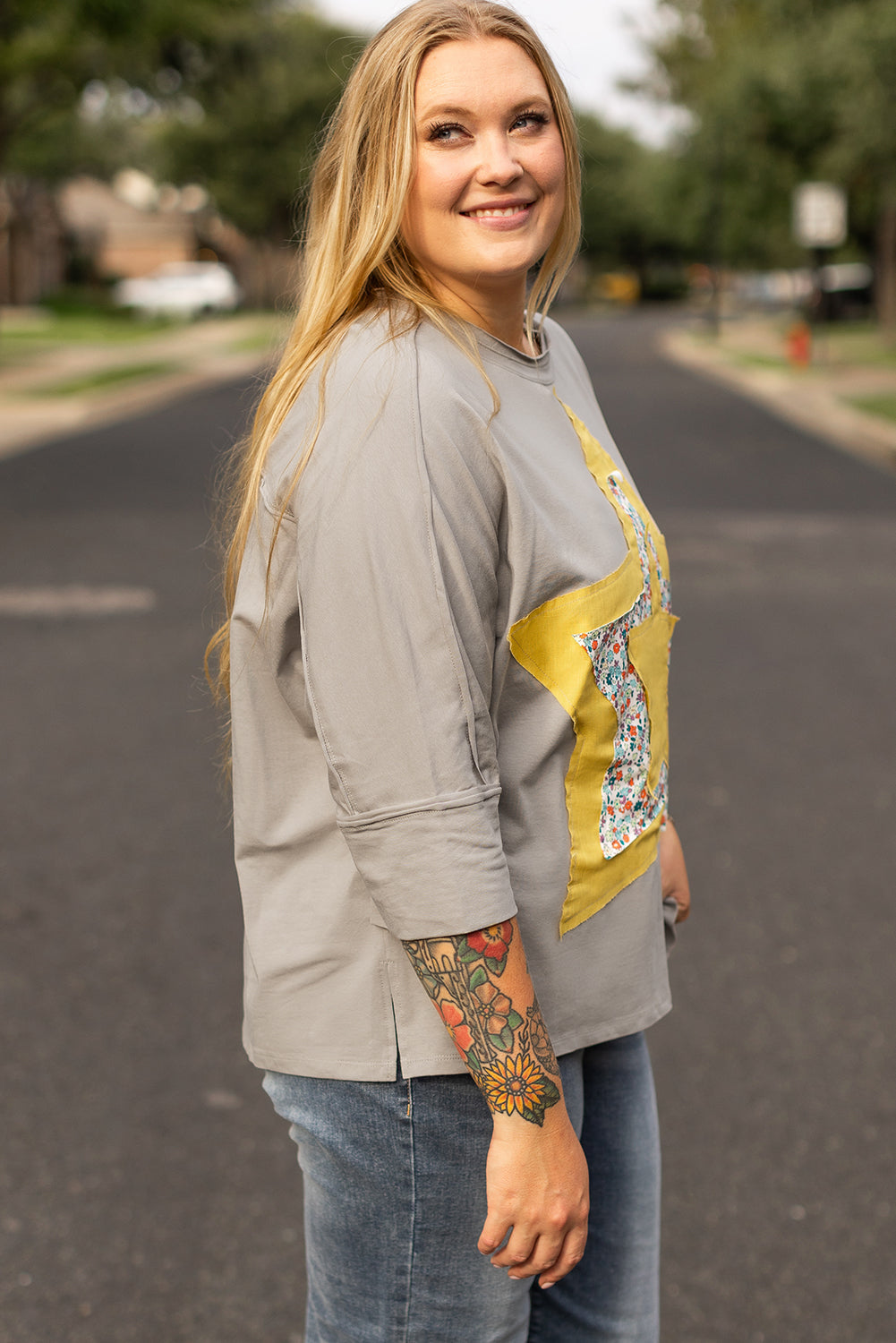 Medium Grey Floral Star Patched Pattern 3/4 Sleeve Plus Size Top Plus Size Tops & Tees JT's Designer Fashion