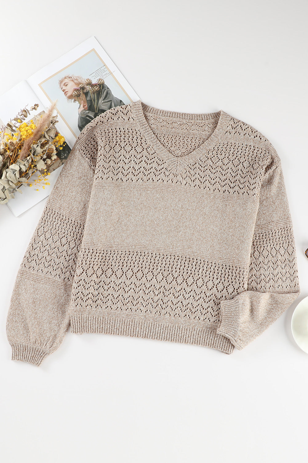 Brown Eyelet Pattern Detail V Neck Drop Shoulder Sweater Sweaters JT's Designer Fashion