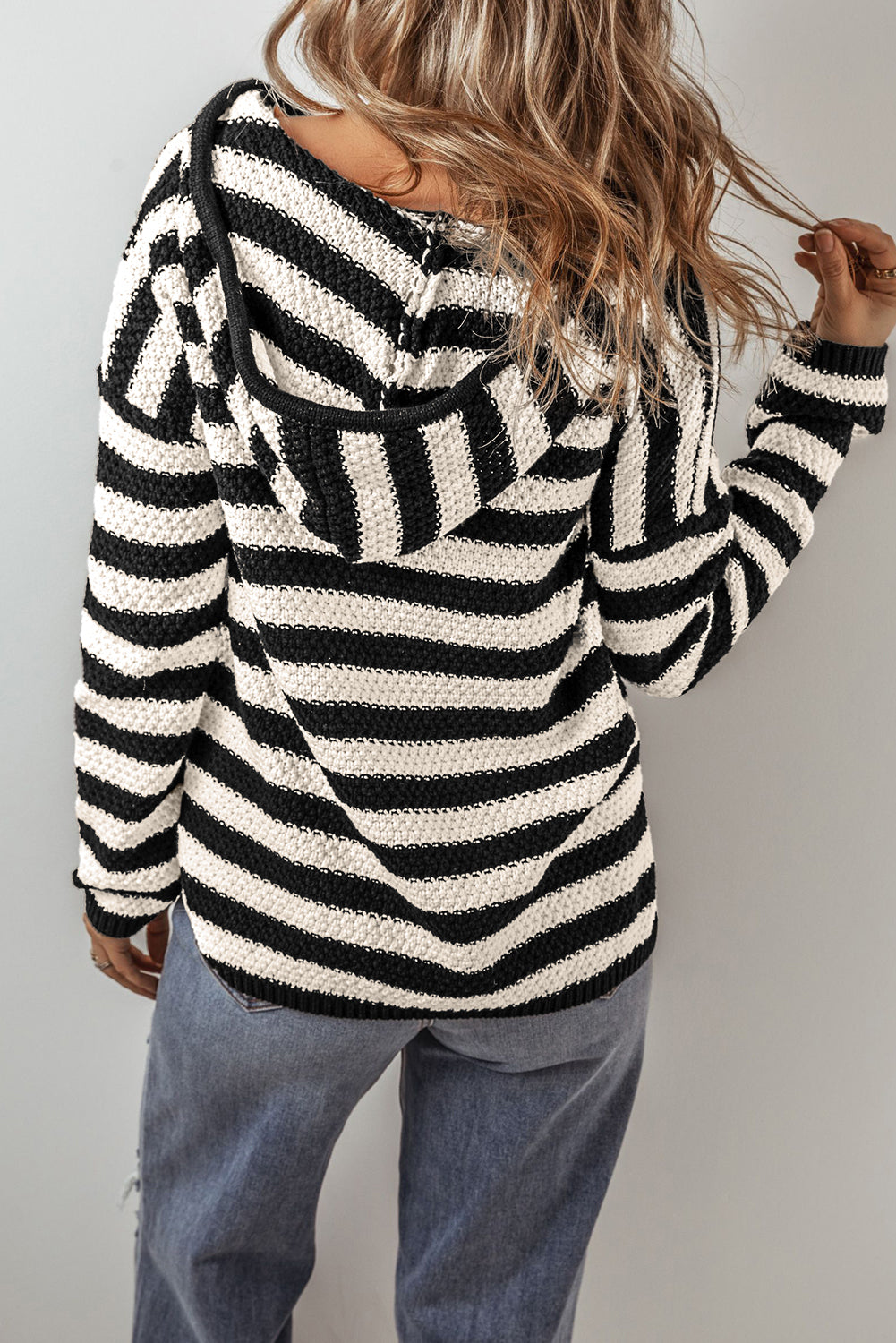 White Stripe V Neck Pocketed Drawstring Hooded Sweater Sweaters JT's Designer Fashion