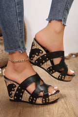 Black Hollowed Leather Rivet Wedge Slippers Sandals JT's Designer Fashion